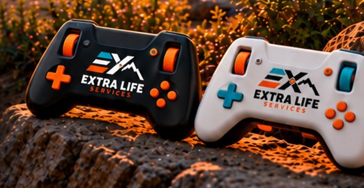 Concept render of two controller-shaped fidget toys with the Extra Life Services logo, one black with orange buttons and one white with blue and orange buttons.